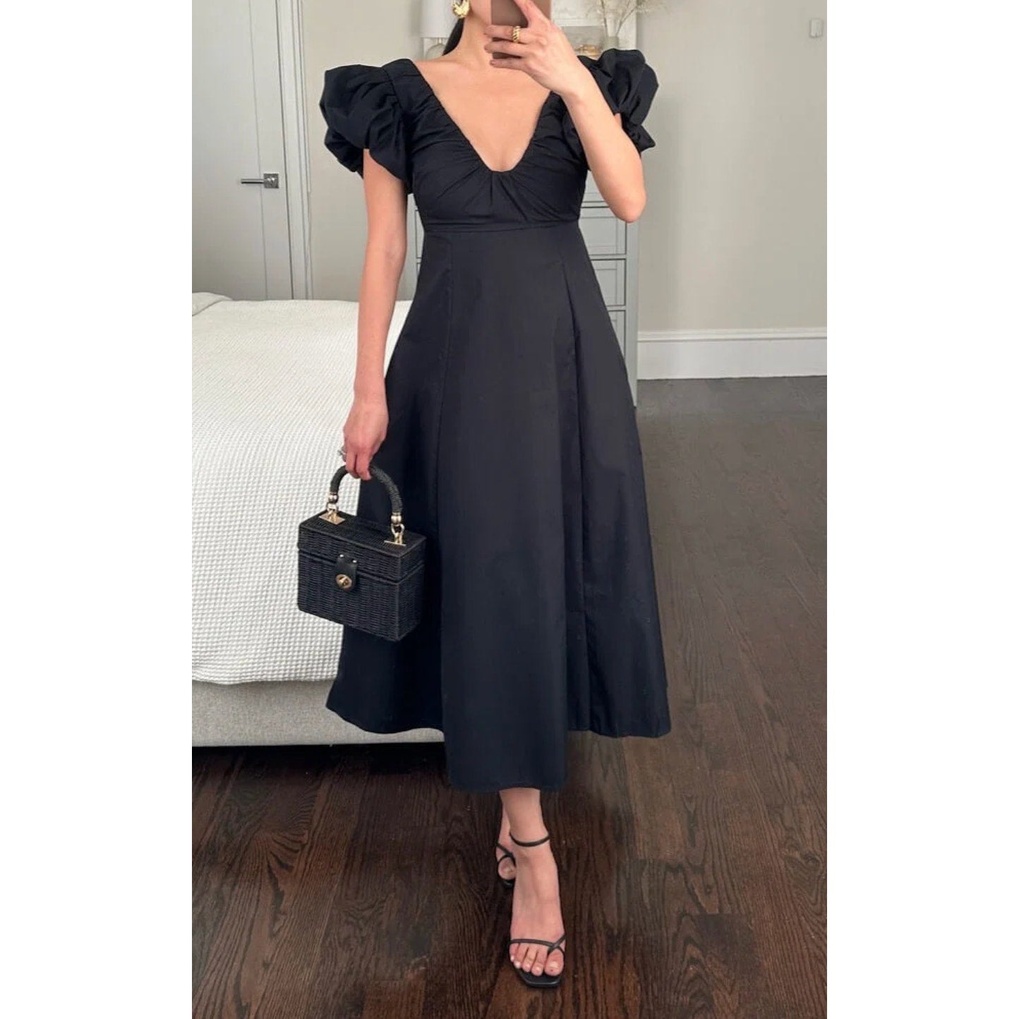 Abercrombie Short Puff Sleeve Plunge Scoop Neck Poplin Midi Dress Black Medium P
