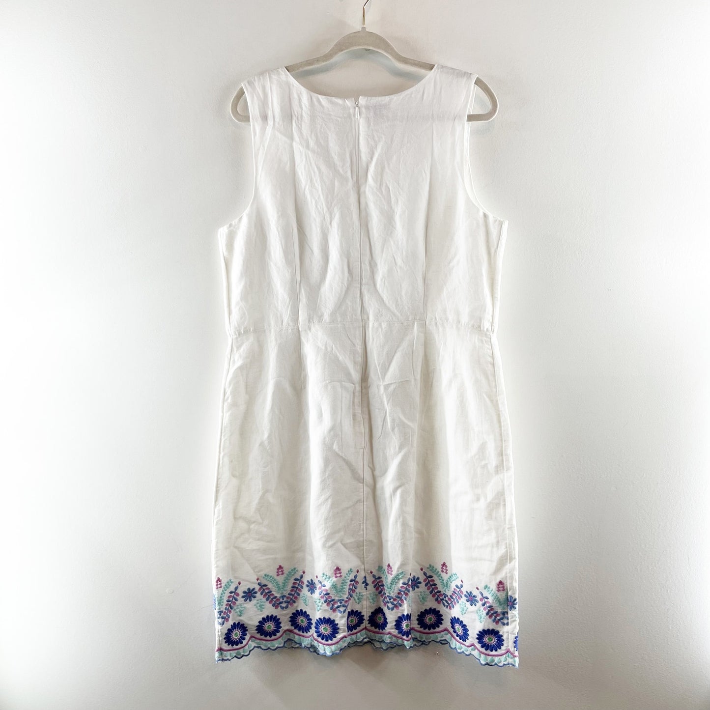 Talbots Linen Floral Embroidered Hem Sleeveless Shift Dress White 14
