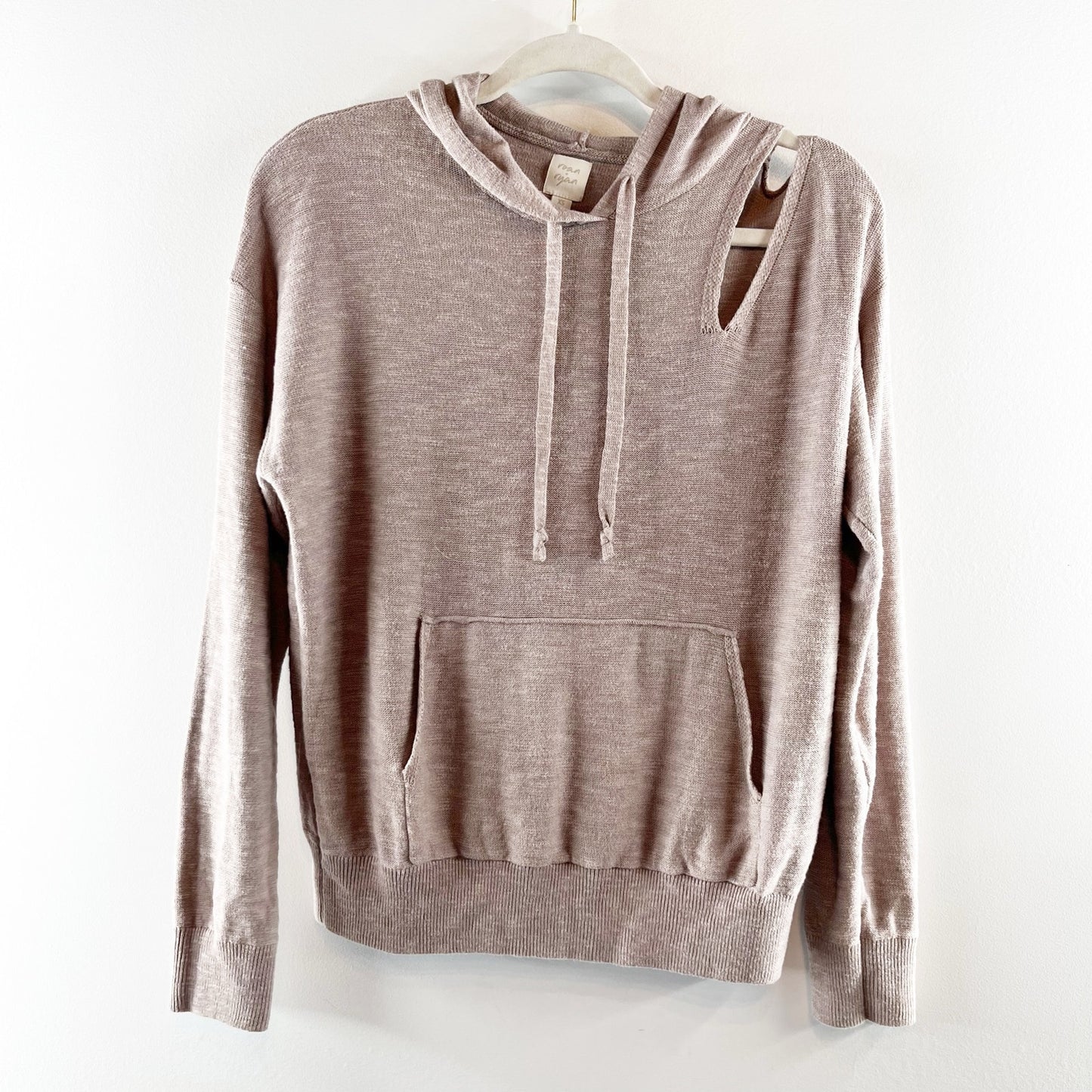 Roan + Ryan Corinne Shoulder Cut Out Hoodie Sweater Sweatshirt Tan Beige XS