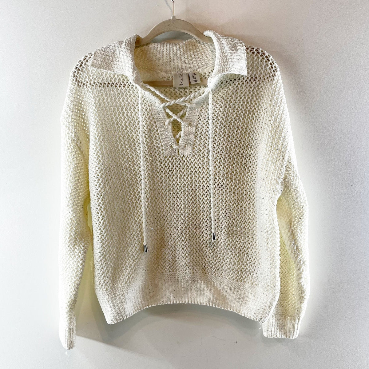Joie Long Sleeve Lace Up Collared Crochet Polo Sweater Cream White Small