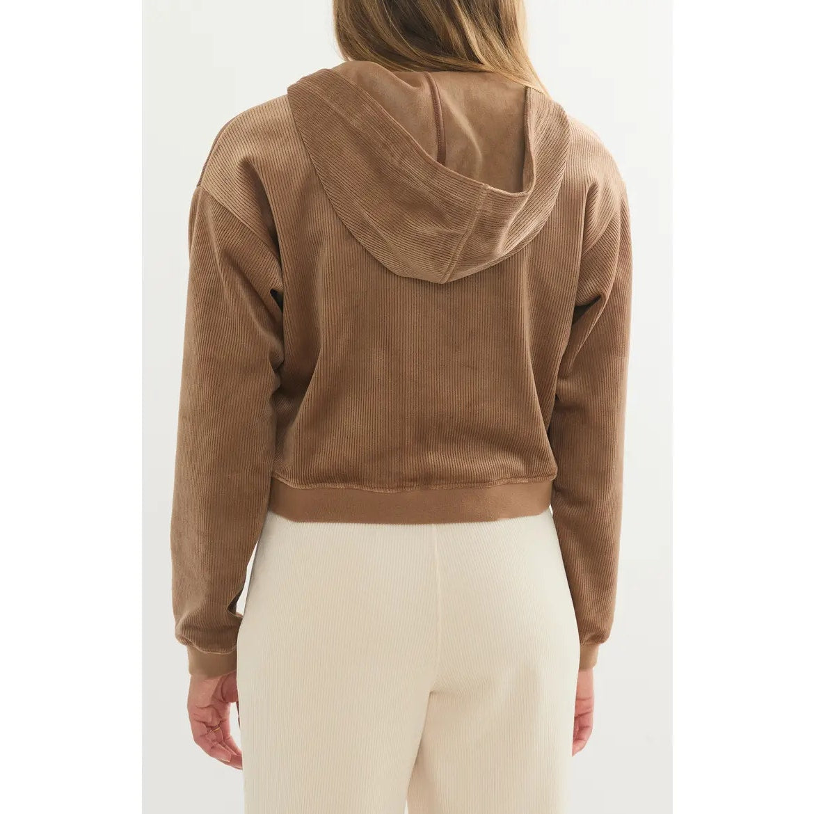 Marine Layer Corded Velour Long Sleeve Full Zip Cropped Hoodie Brown Medium