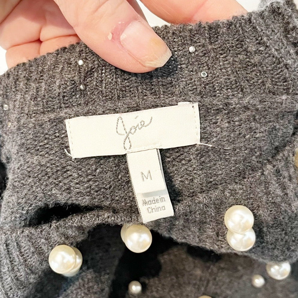Joie Nilania Pearlized Embellished Long Sleeve Sweater Dark Heather Grey Medium