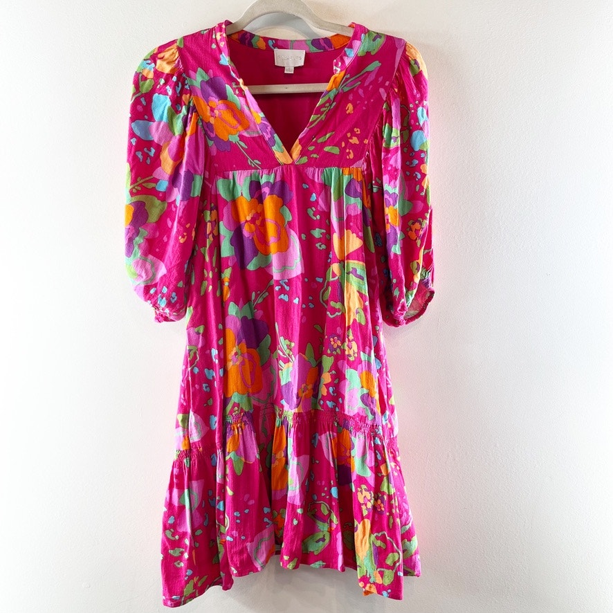 Sugarlips Himera Floral Maribor Shift Elbow Sleeve Tiered Babydoll Mini Dress S