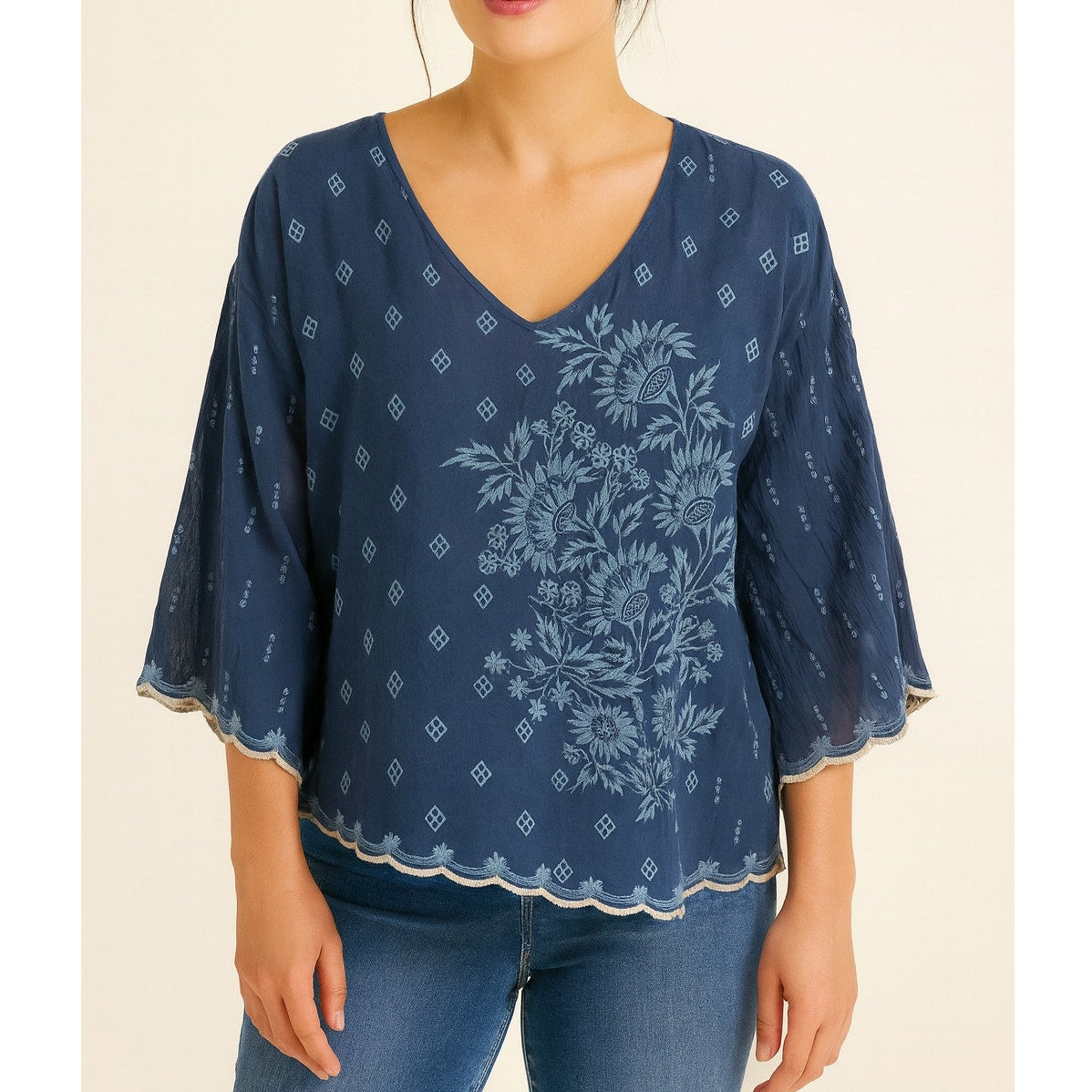 Johnny Was V Neck Embroidered Blouse Shirt Top Blue Medium