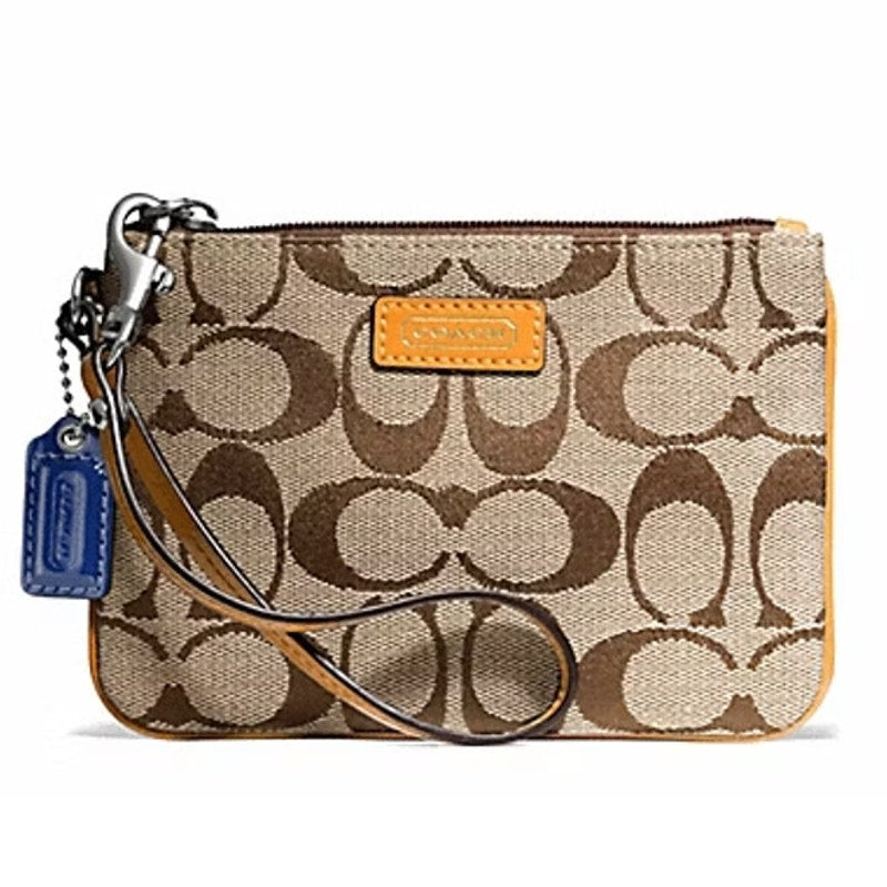 Coach F49471 Park Signature Canvas Small Wristlet Wallet Khaki / Orange Spice