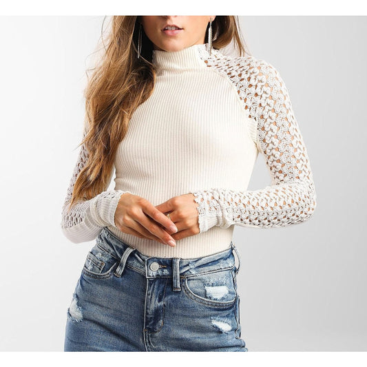 Free People Clemente Floral Lace Sleeve Mock Neck Ribbed Top White Medium