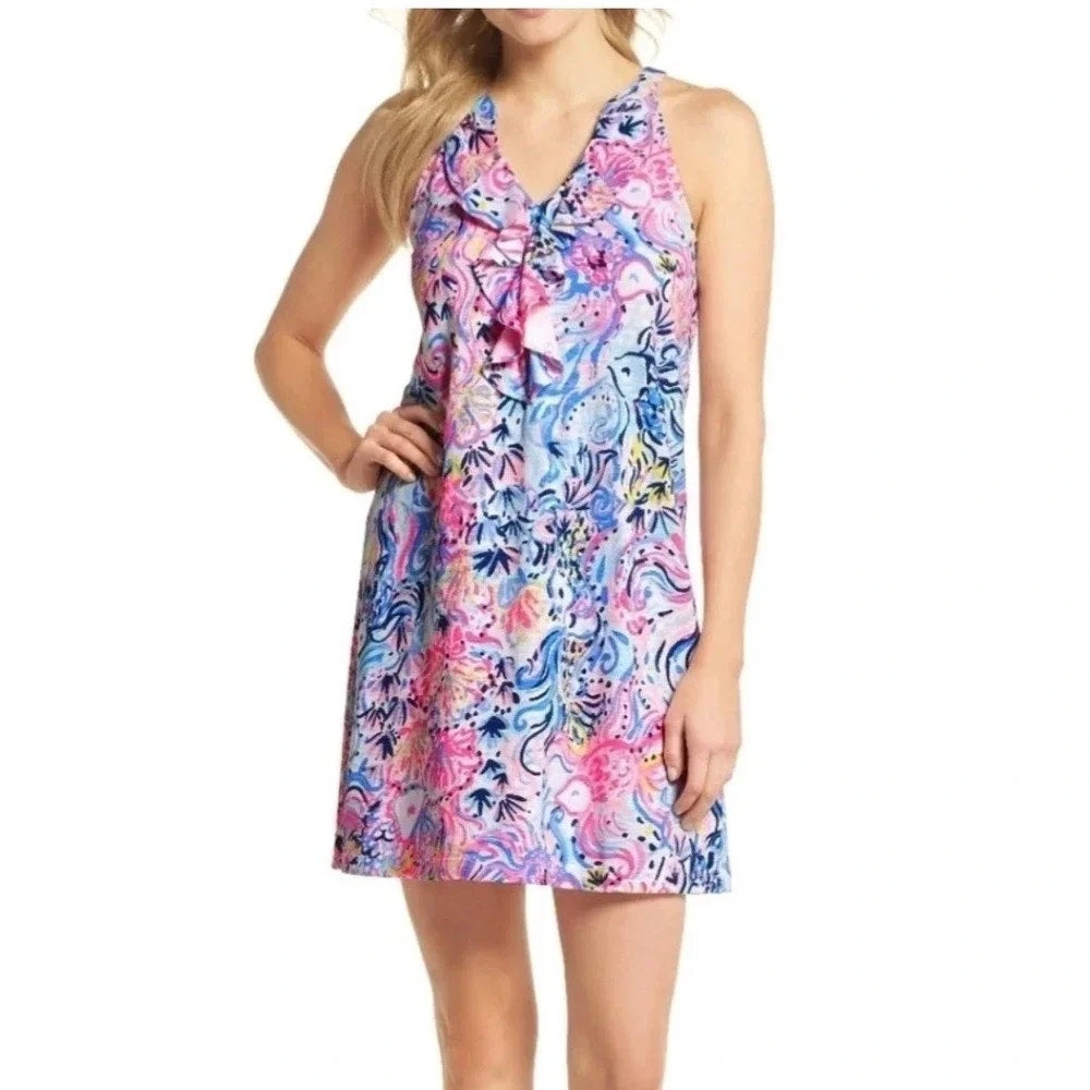 Lilly Pulitzer Shay Tropical Sleeveless Ruffle Mini Dress So Sofishticated Med