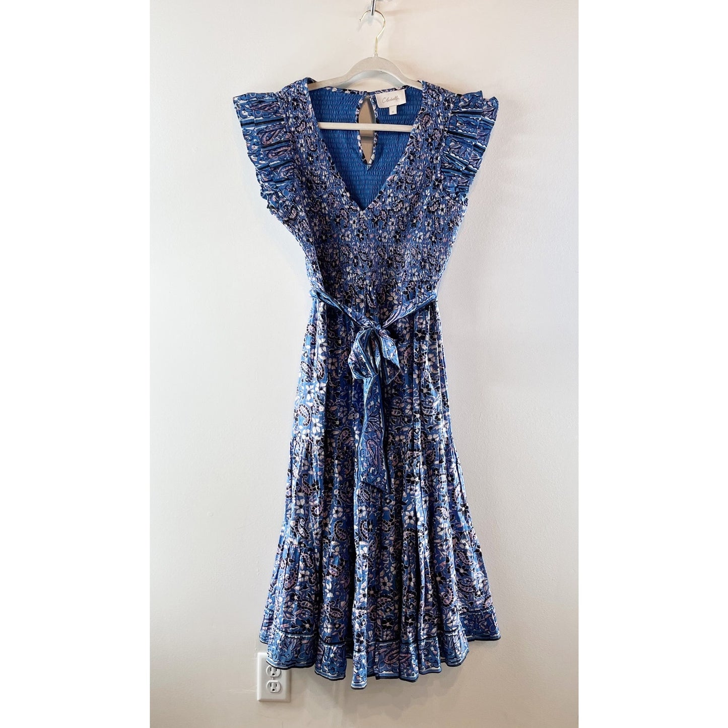 Cleobella Autumn Belted Ruffle Sleeve Midi Dress Paisley Print Blue Medium