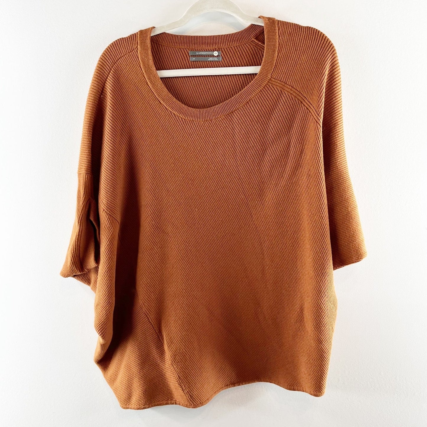 Anthropologie Vanessa Ribbed Knit Poncho Short Sleeve Sweater Rust Brown Medium