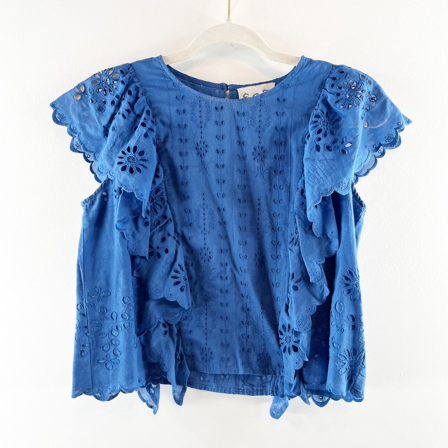 Sea New York Cropped Eyelet Ruffle Cotton Top Blouse Blue 4