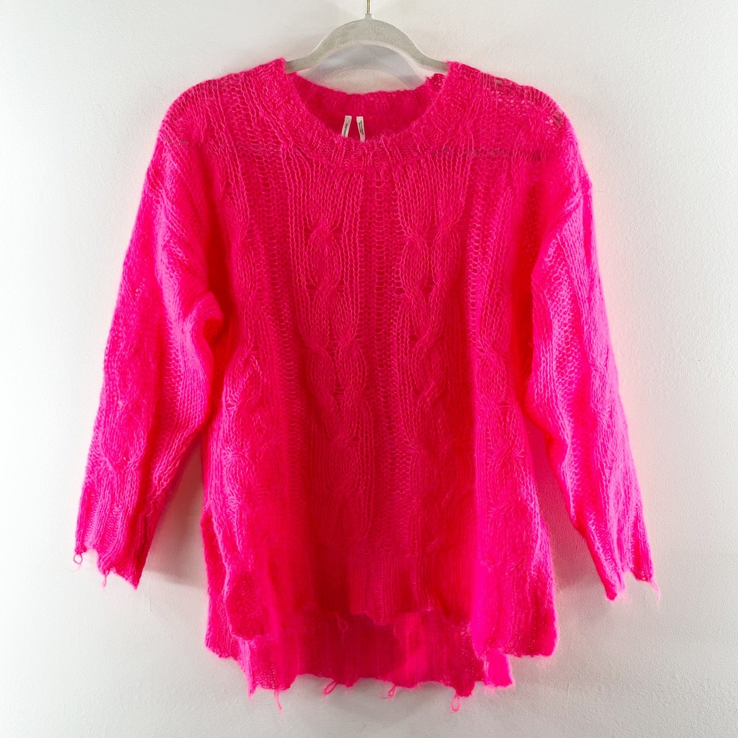 Anthropologie The Posey Long Sleeve Stitchy Distressed Sweater Hot Pink XS