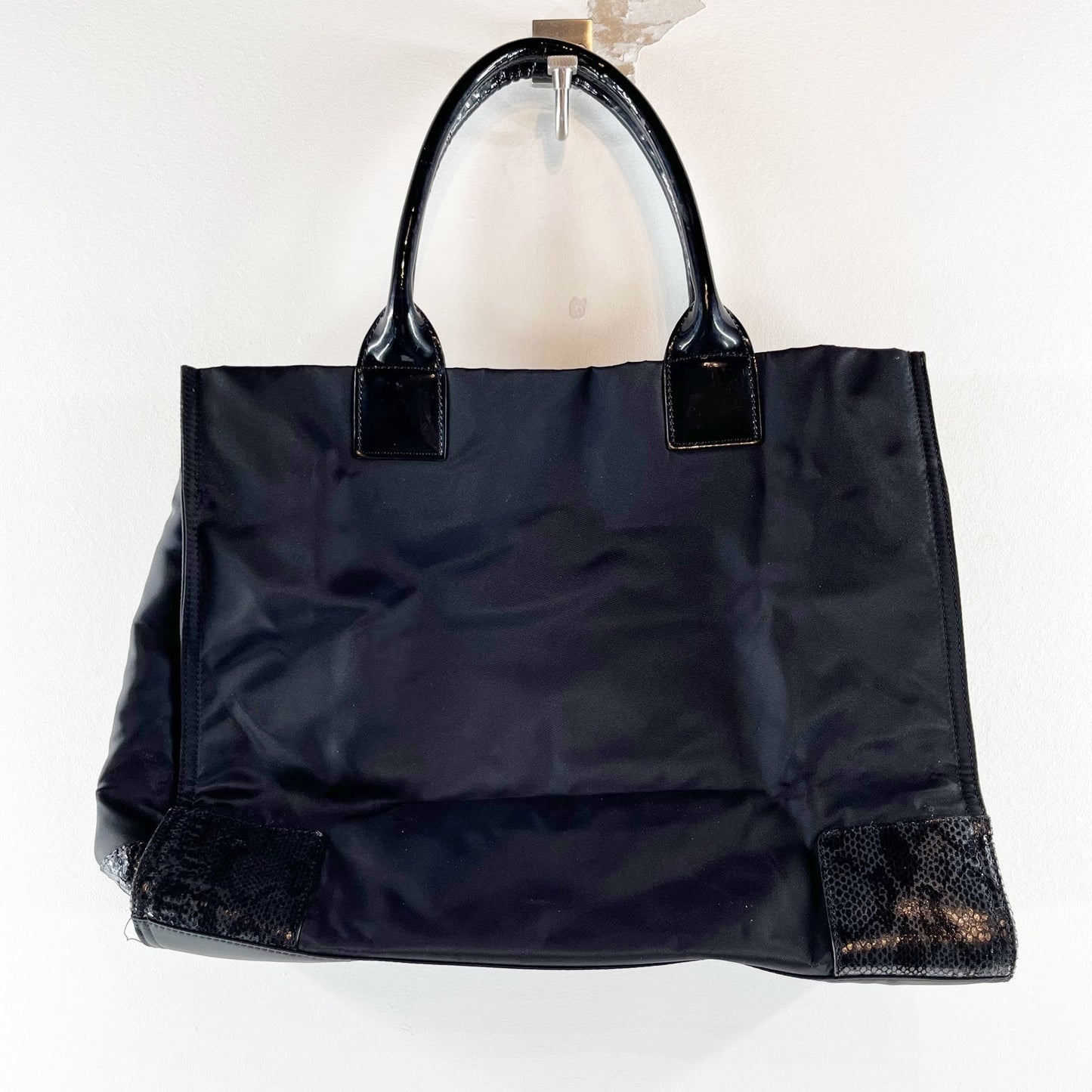 Tory Burch Ella Nylon Snake Embossed Logo Large Tote Bag Purse Black