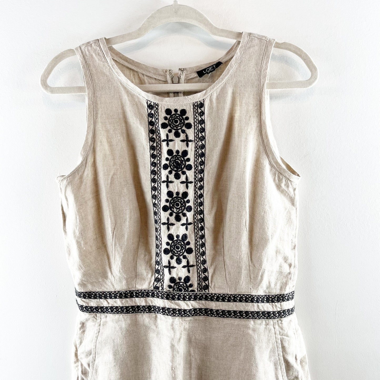 LOFT Linen Sleeveless Embroidered Romper Tan Beige Black 2 Petite