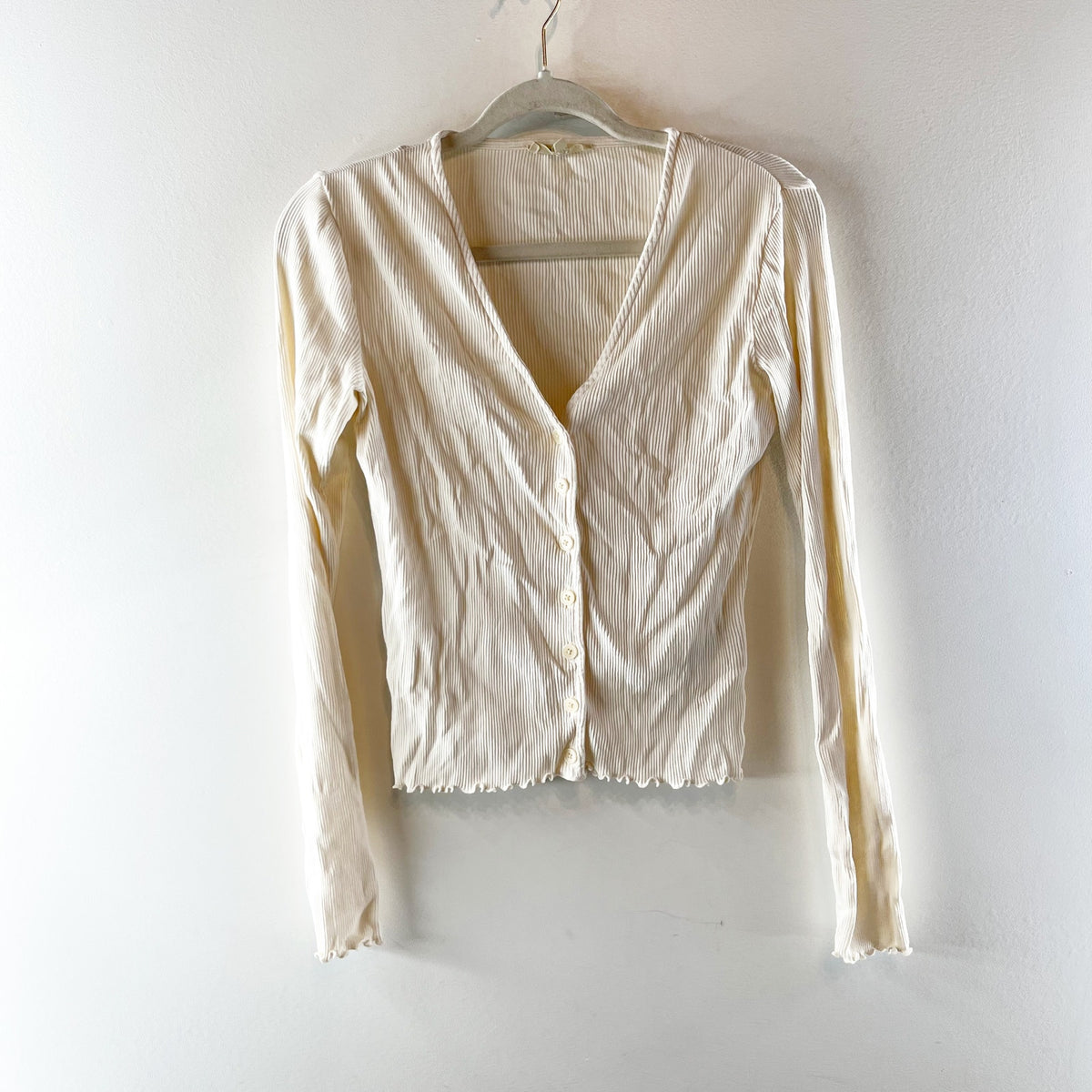 Madewell V Neck Long Sleeve Lettuce Hem Cardigan Sweater Cream Ivory Small