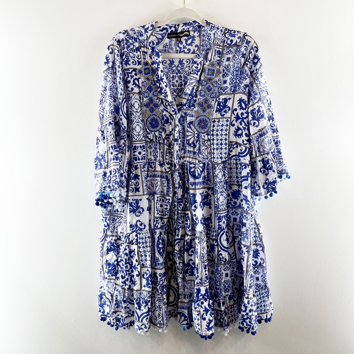 Colori Di Mare Printed Button Up Beaded Mini Cover Up Dress Blue White OS