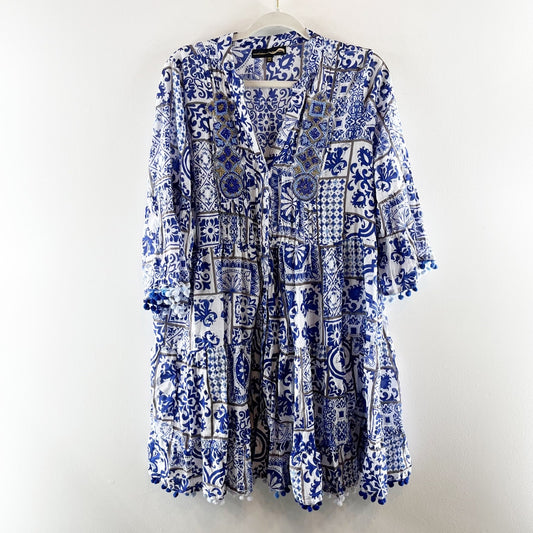 Colori Di Mare Printed Button Up Beaded Mini Cover Up Dress Blue White OS