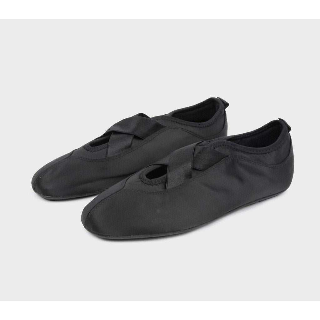 Zara Satin-Effect Slip On Crossed Elastic Strap Athletic Ballet Flat Black EU 37