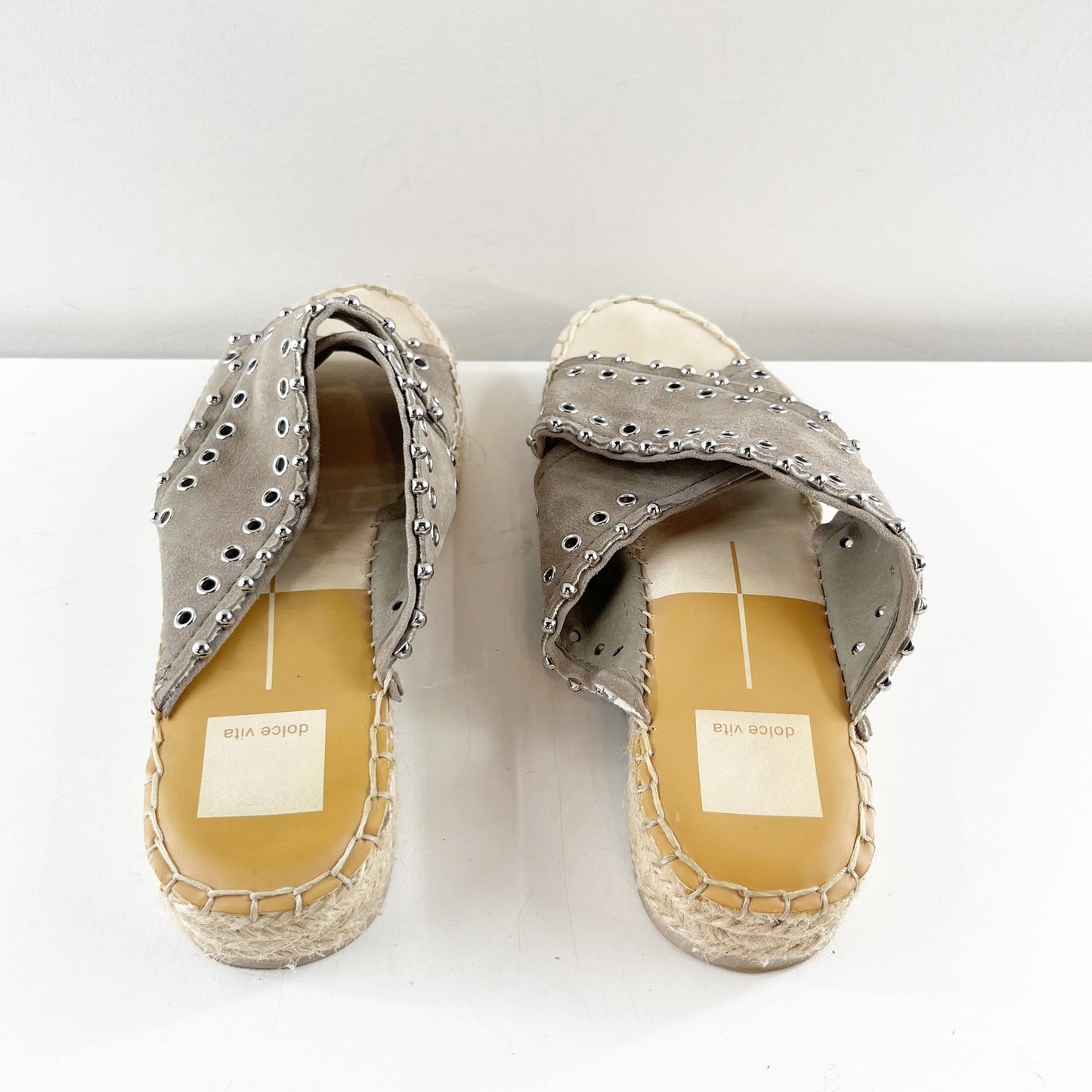 Dolce Vita Iva Studded Leather Platform Espadrille Sandals Gray 7.5