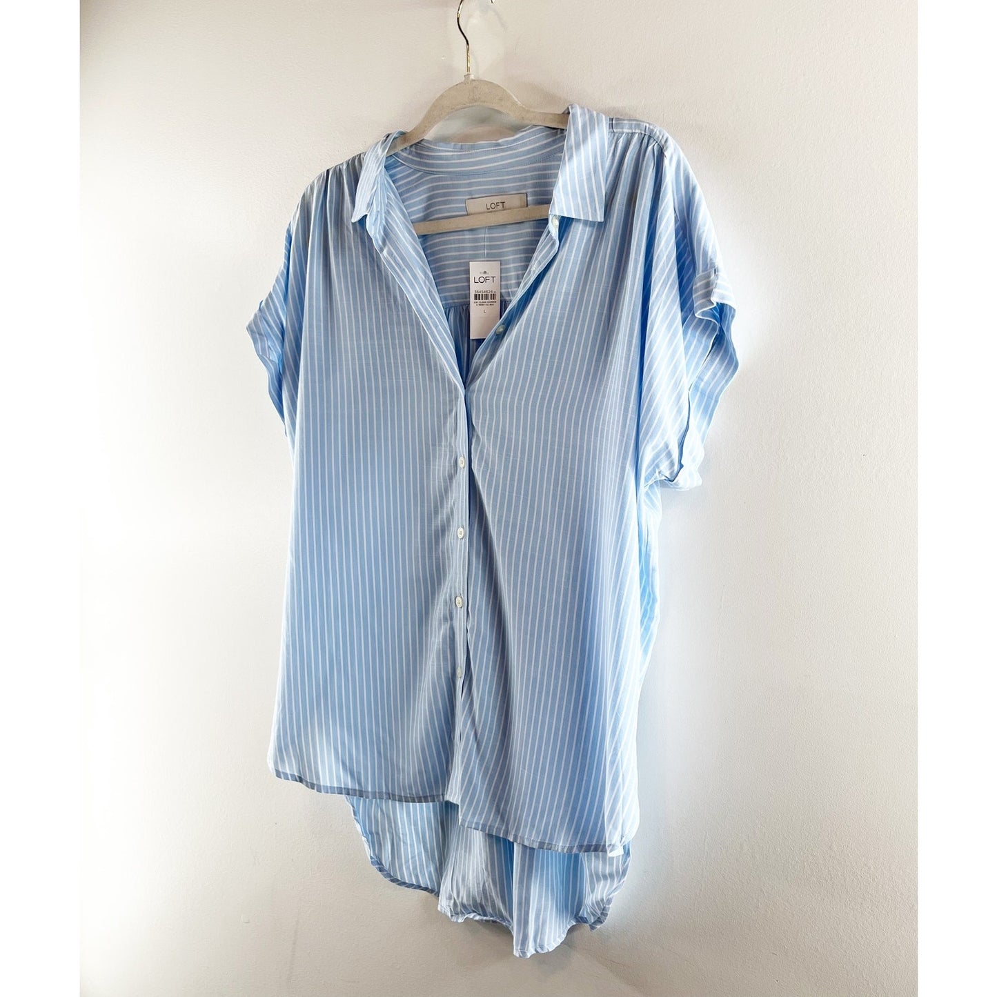 LOFT Striped Dolman Short Sleeve Button Up Shirt Blue Large