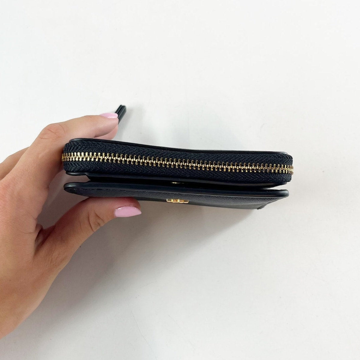 Tory Burch Emerson Saffiano Leather Mini Folded Wallet Black Gold