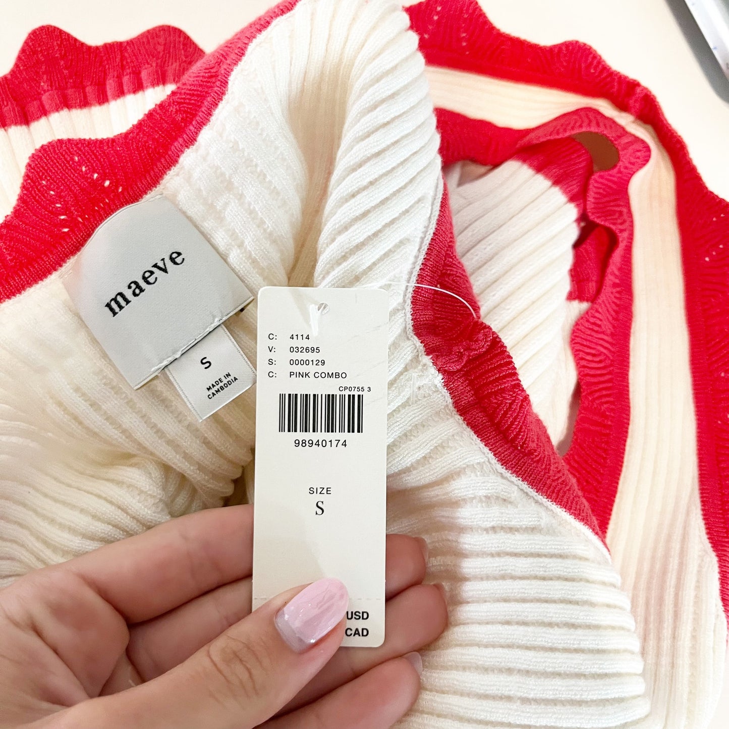 Maeve Anthropologie Cropped Scallop Sweater Tank Top White Red Small