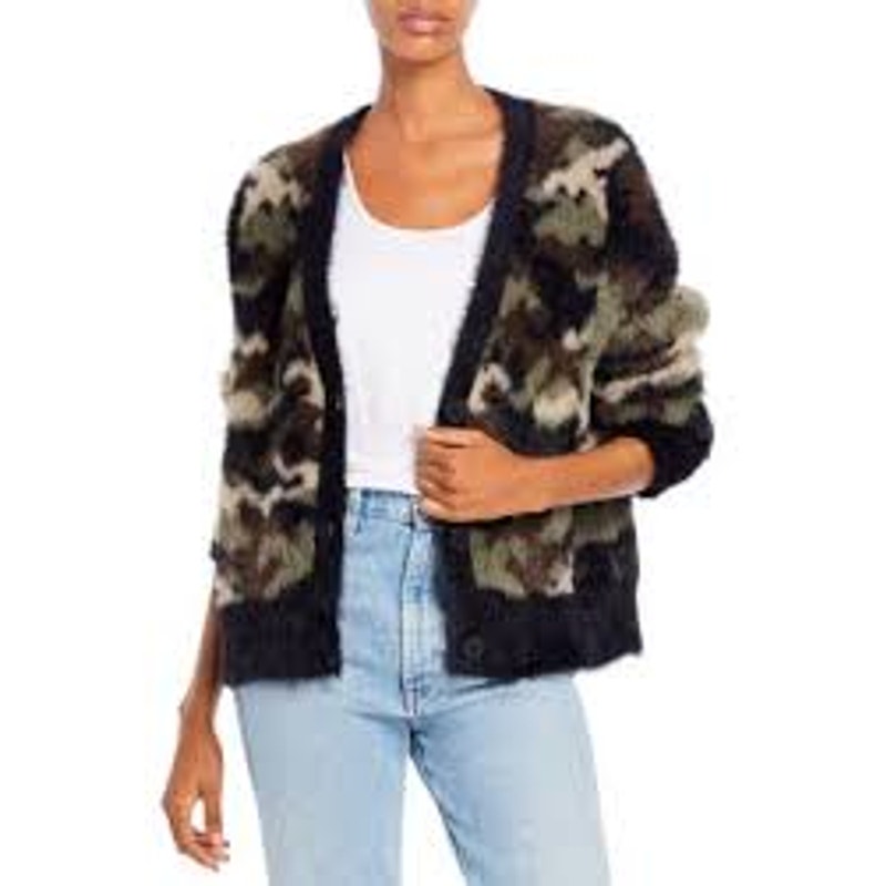 Cloth & Stone Camo Button Up Fuzzy Knit Cardigan Sweater Green Black Small
