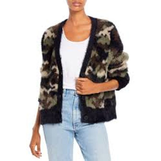Cloth & Stone Camo Button Up Fuzzy Knit Cardigan Sweater Green Black Small