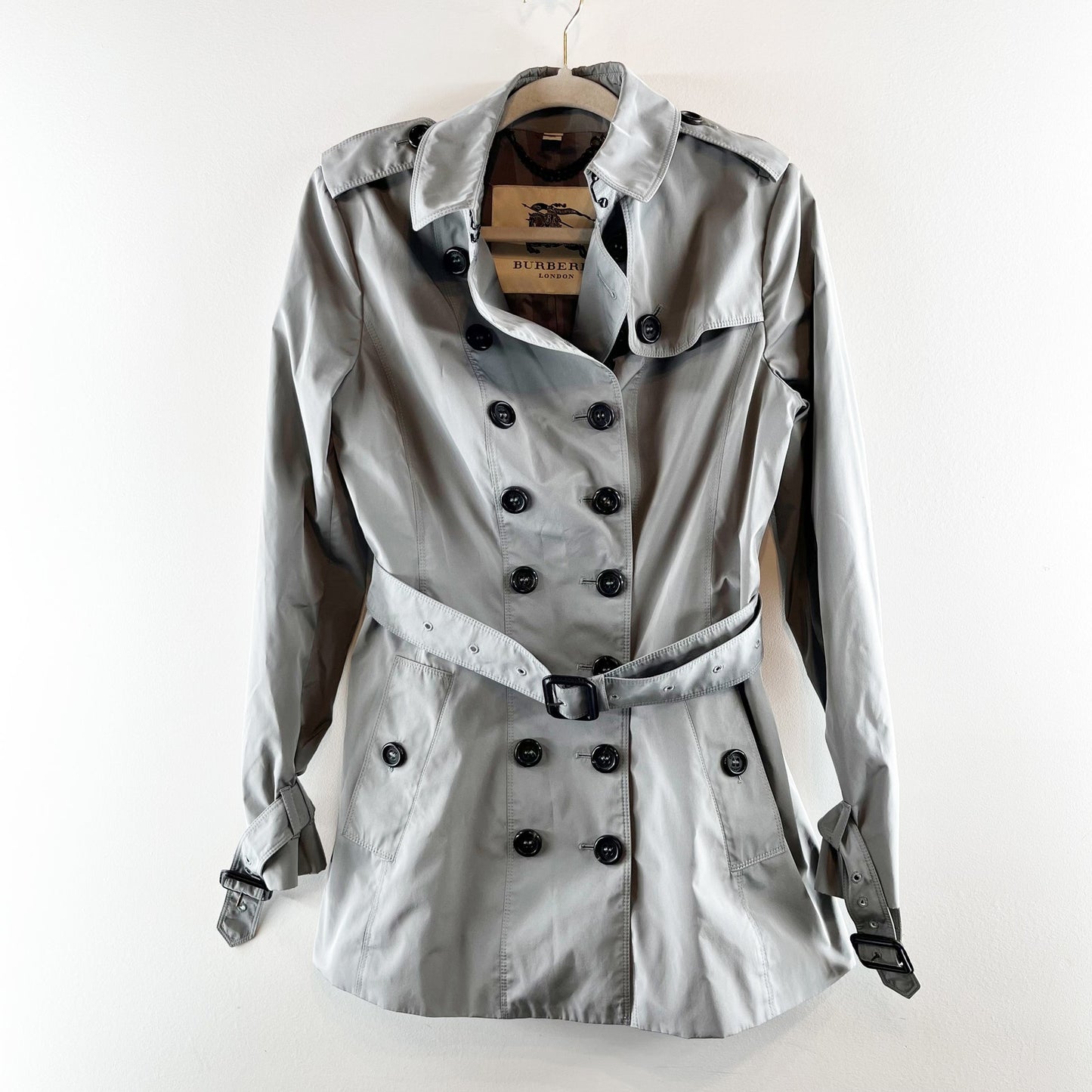 Burberry London Long Sleeve Double Breasted Belted Trench Coat Light Gray 6