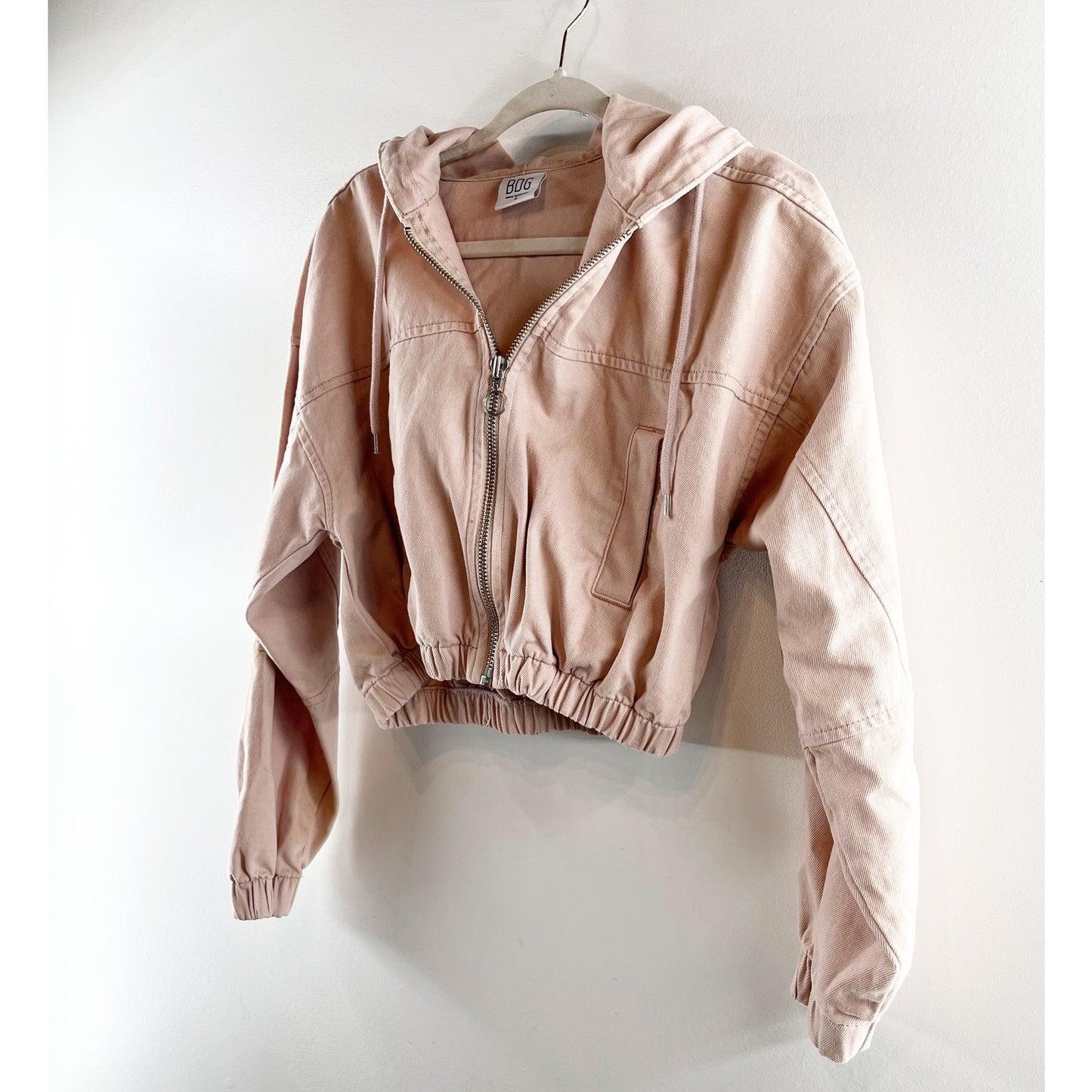 BDG Urban Outfitters Full Zip Cropped Hoodie Bomber Jacket Pink Tan Small