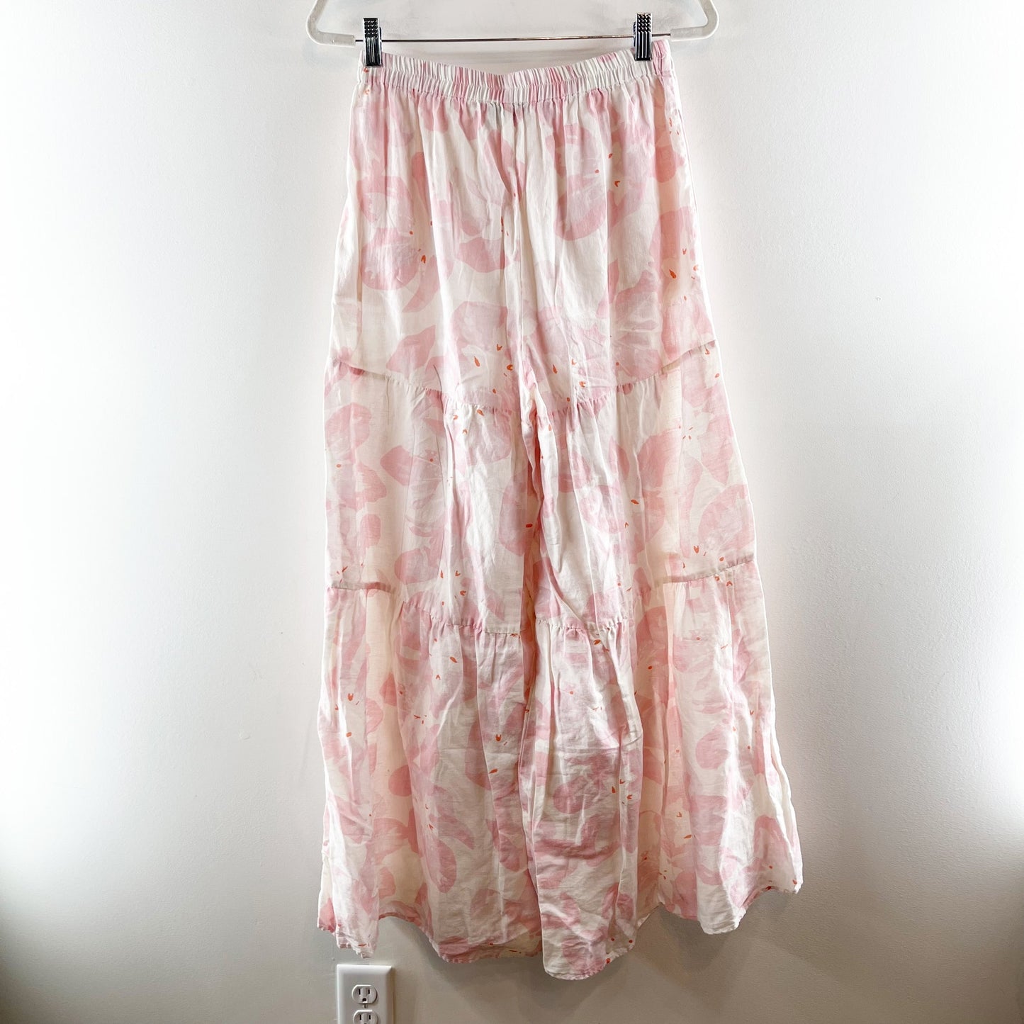 Something Navy Floral Tiered Wide Leg Flare Pants White Pink Medium