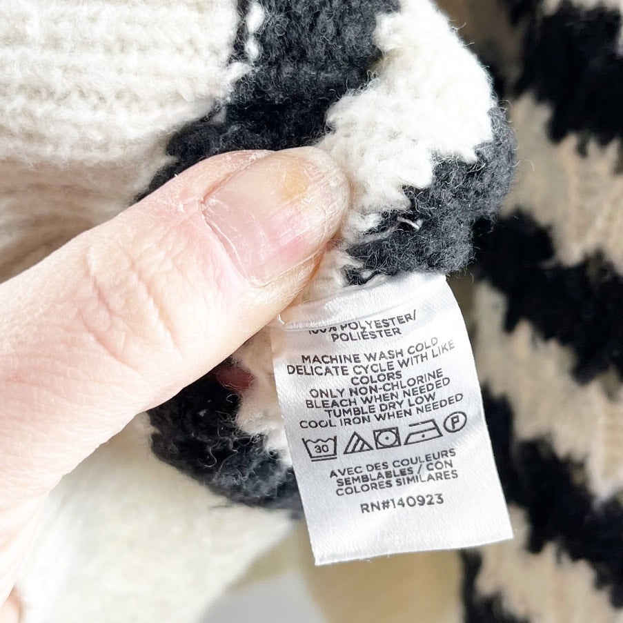 LOFT Striped Long Sleeve Pointelle Knit Ruffle Shoulder Sweater White Black XL