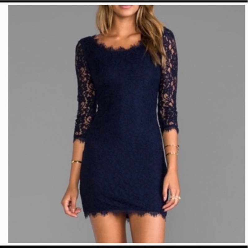 Diane Von Furstenberg Zarita Scoop Lace Mini Dress Navy Blue 6