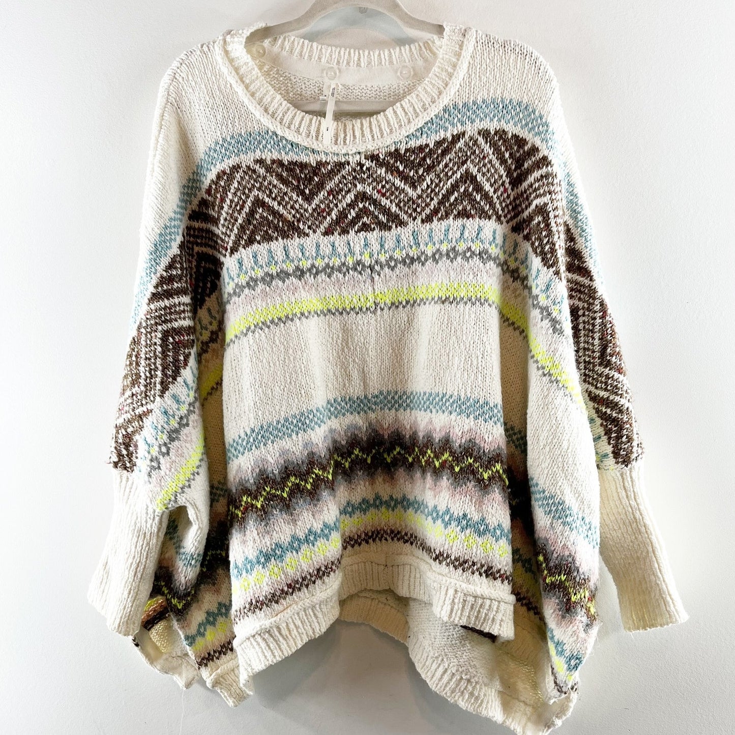 Anthropologie Fair Isle Printed Long Sleeve Crewneck Swing Poncho Sweater White