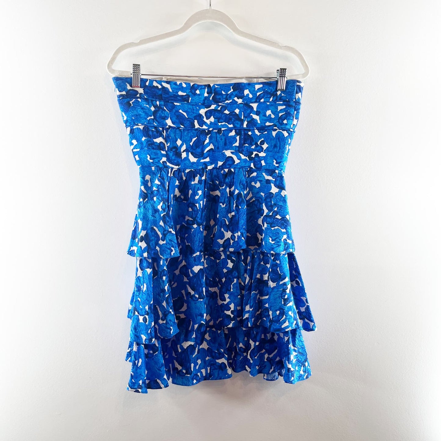 Cynthia Steffe Silk Tiered Ruffle Strapless Floral Mini Dress Blue White 8