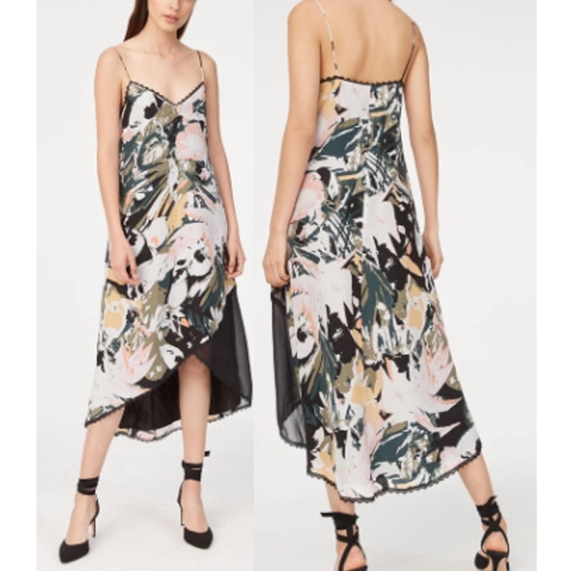 Club Monaco Kittrick Floral Sleeveless V-Neck Silk Midi Slip Dress Black Pink 0