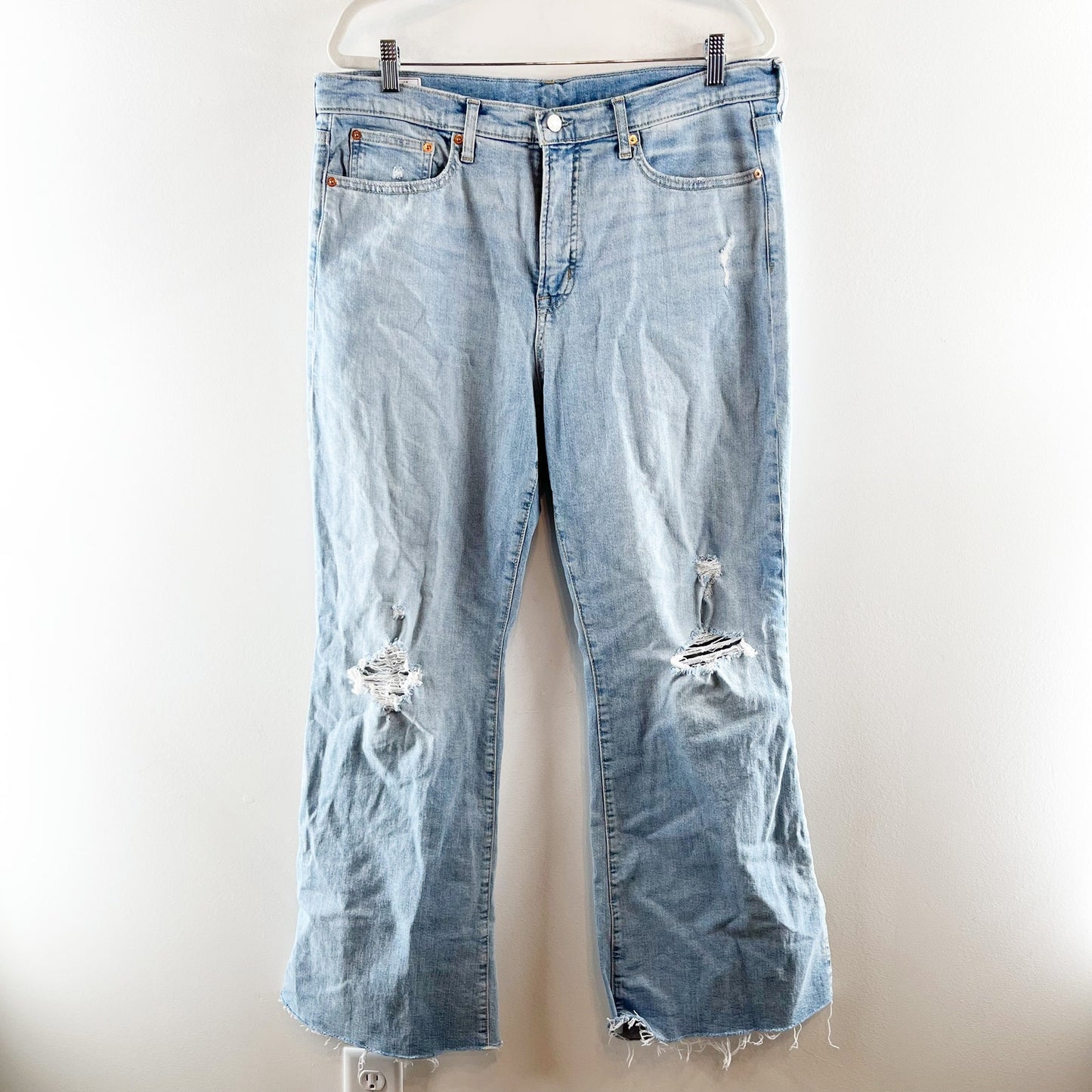 GAP '70s High Rise Distressed Split Hem Flare Jeans Light Wash Blue 33 / 16