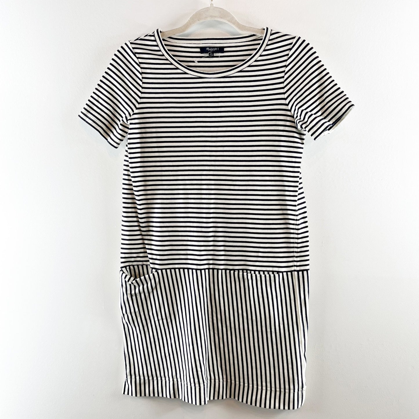 Madewell Dockside Short Sleeve Cotton Striped Mini Shift Dress Blue White XS