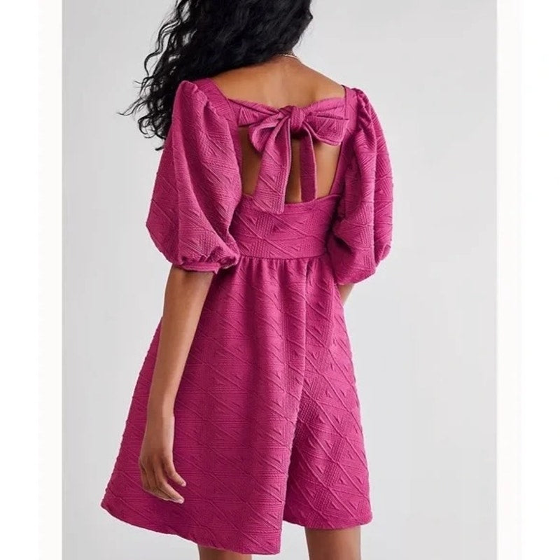 Free People Violet Tie Back Short Puff Sleeve Square Neck Babydoll Mini Dress M