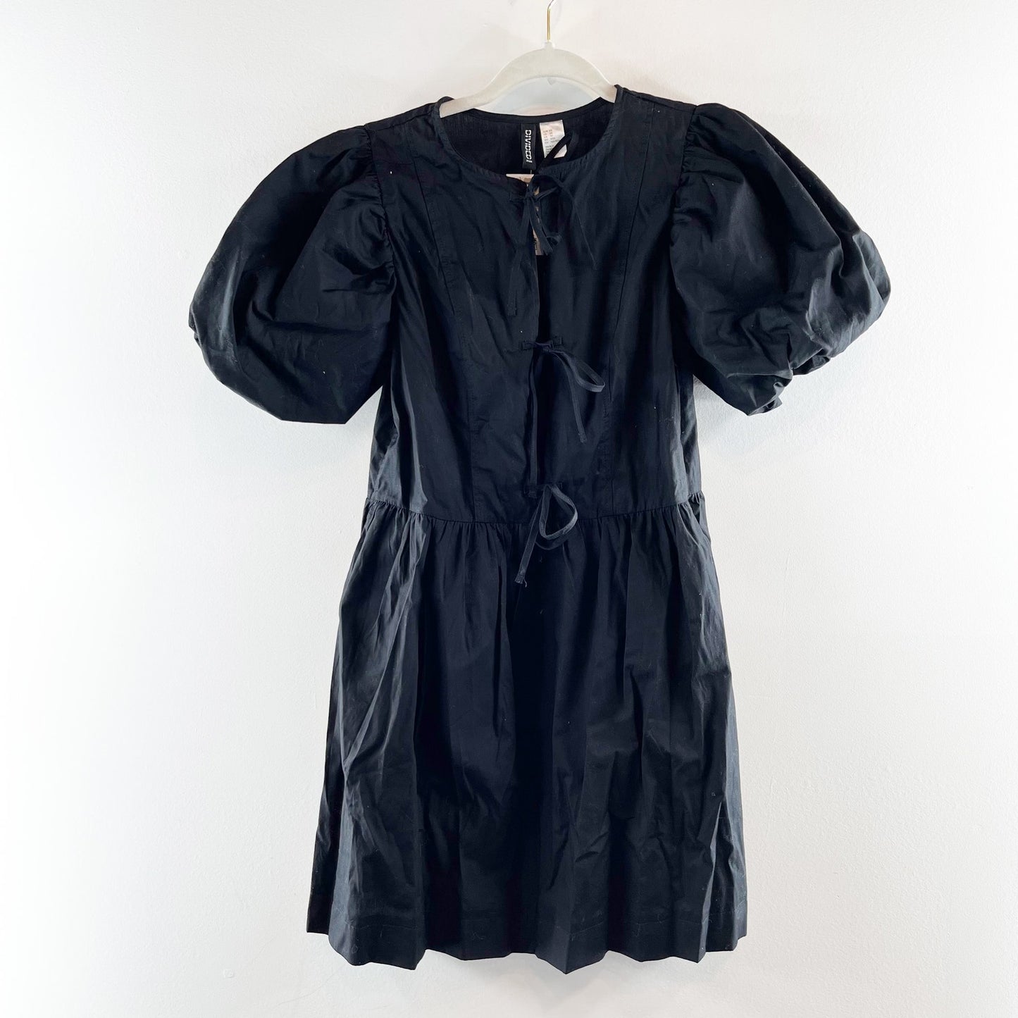 H&M Tie-Front Puff-Sleeved Mini Babydoll Poplin Dress Black XS