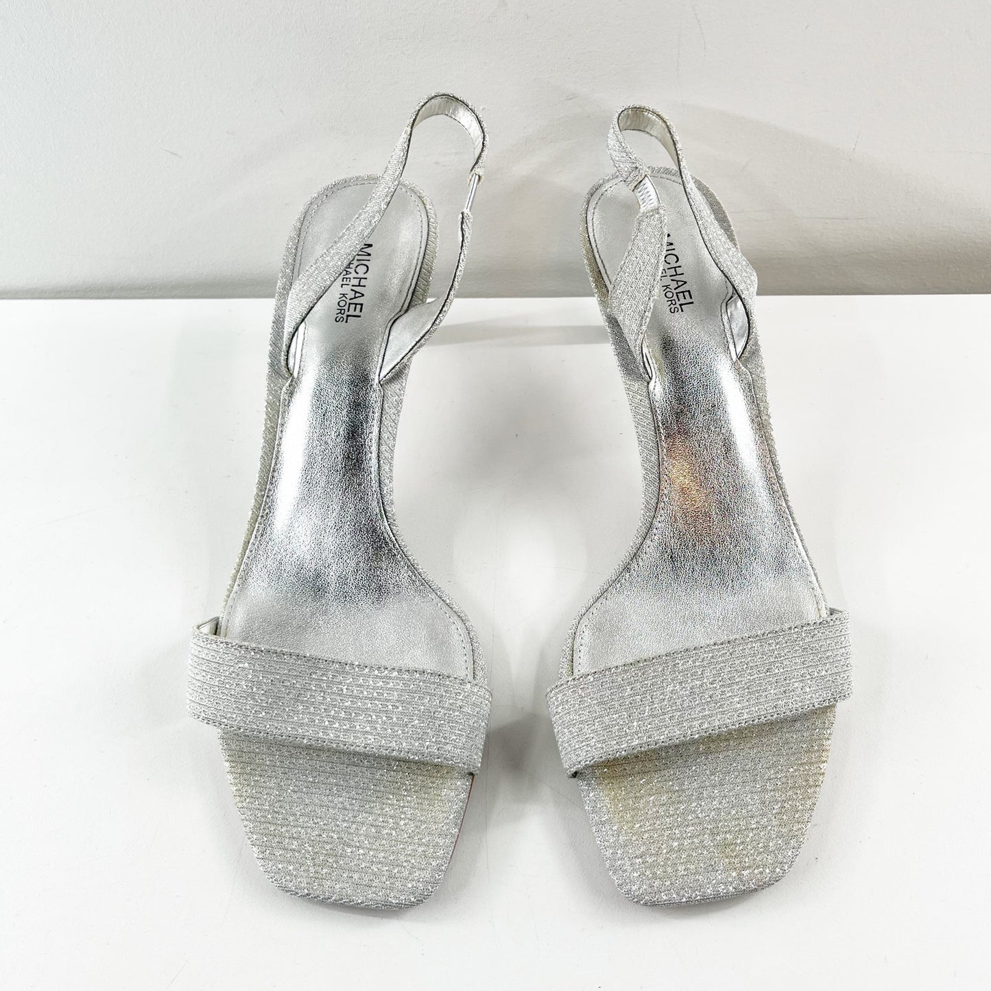 Michael Kors Pixie Fine Glitter Mila Slingback Kitten Heel Sandals Silver 9.5