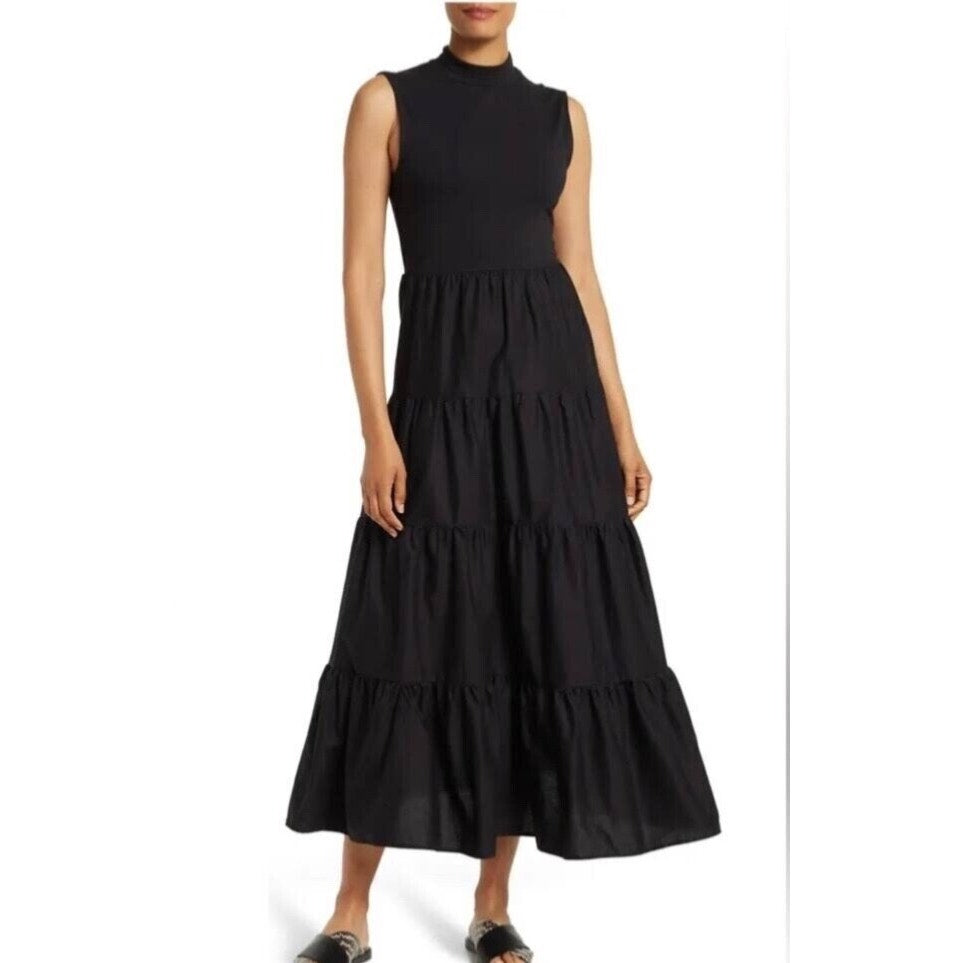 Love X Design Mock Neck Jersey Tiered Poplin Maxi Dress Black Small