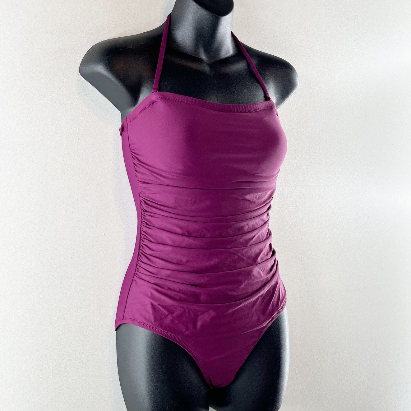 J. Crew Ruched Bandeau Halter Strapless One Piece Swimsuit Purple 4