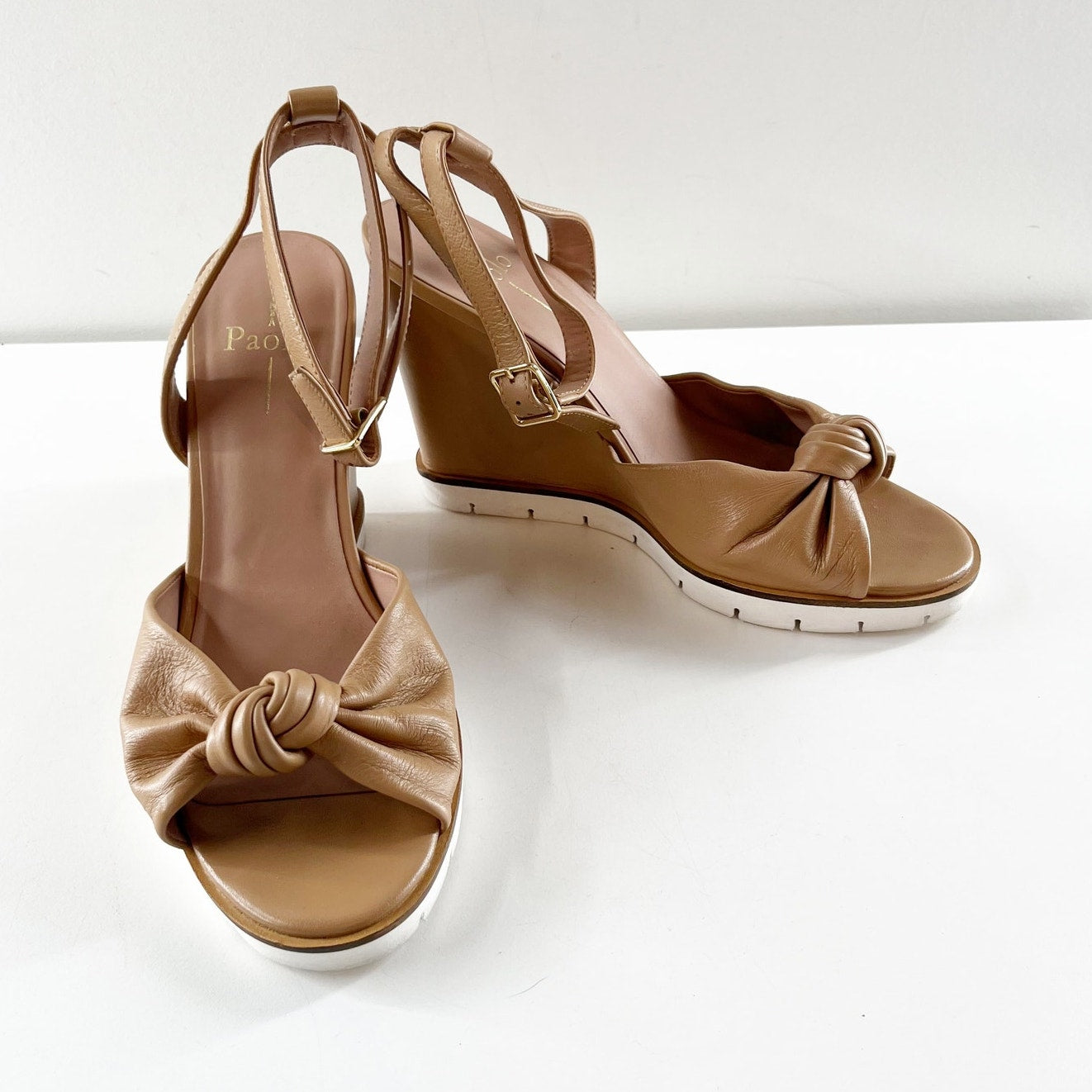Linea Paolo Eliana Ankle Strap Wedge Knot Sandal Shoes Tan Beige 9.5