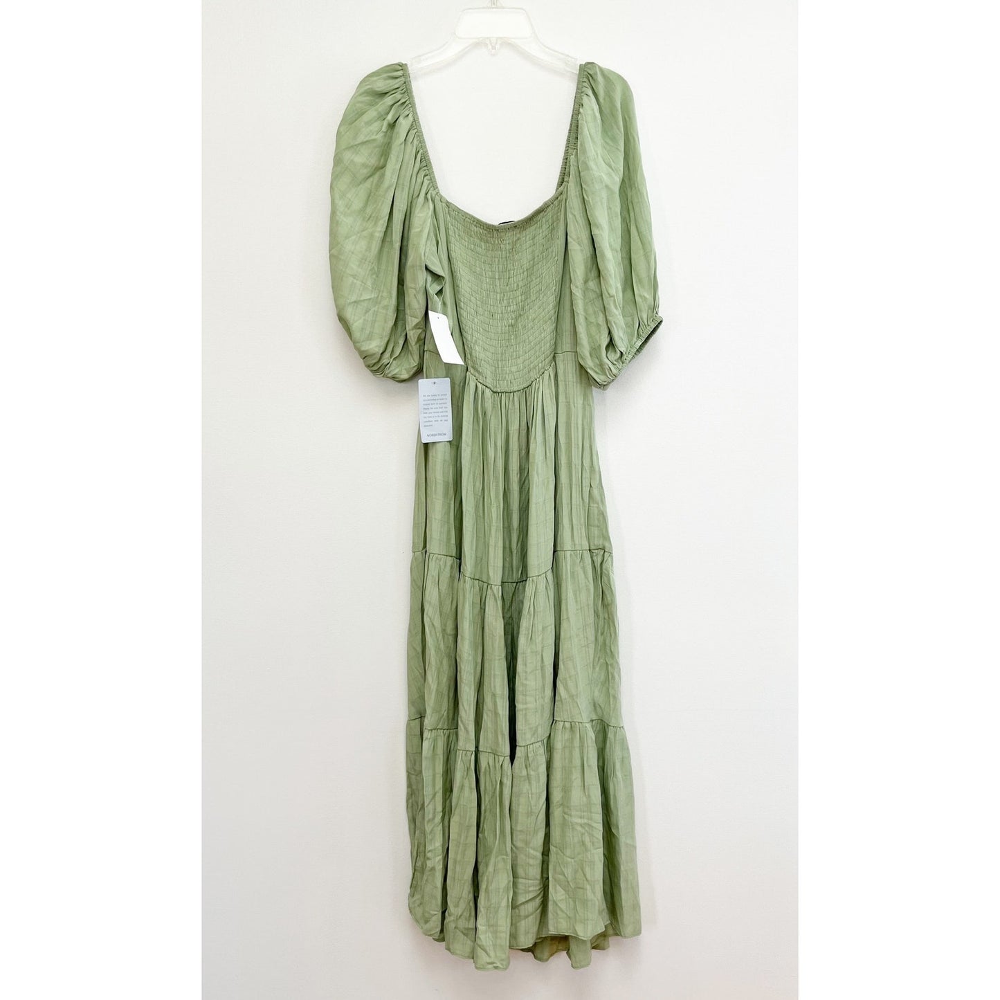 NSR Square Neck Short Puff Sleeve Tiered Smocked Midi Dress Sage Green Medium