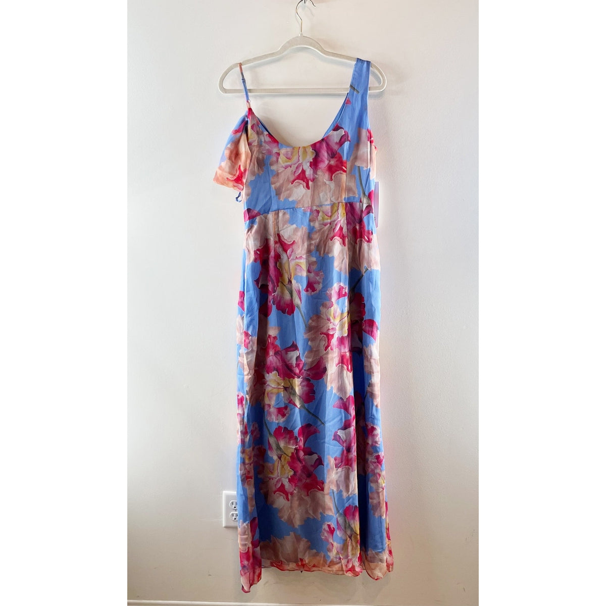 Aqua Floral Satin Burnout Sleeveless V-Neck Maxi Dress Blue Multi Large