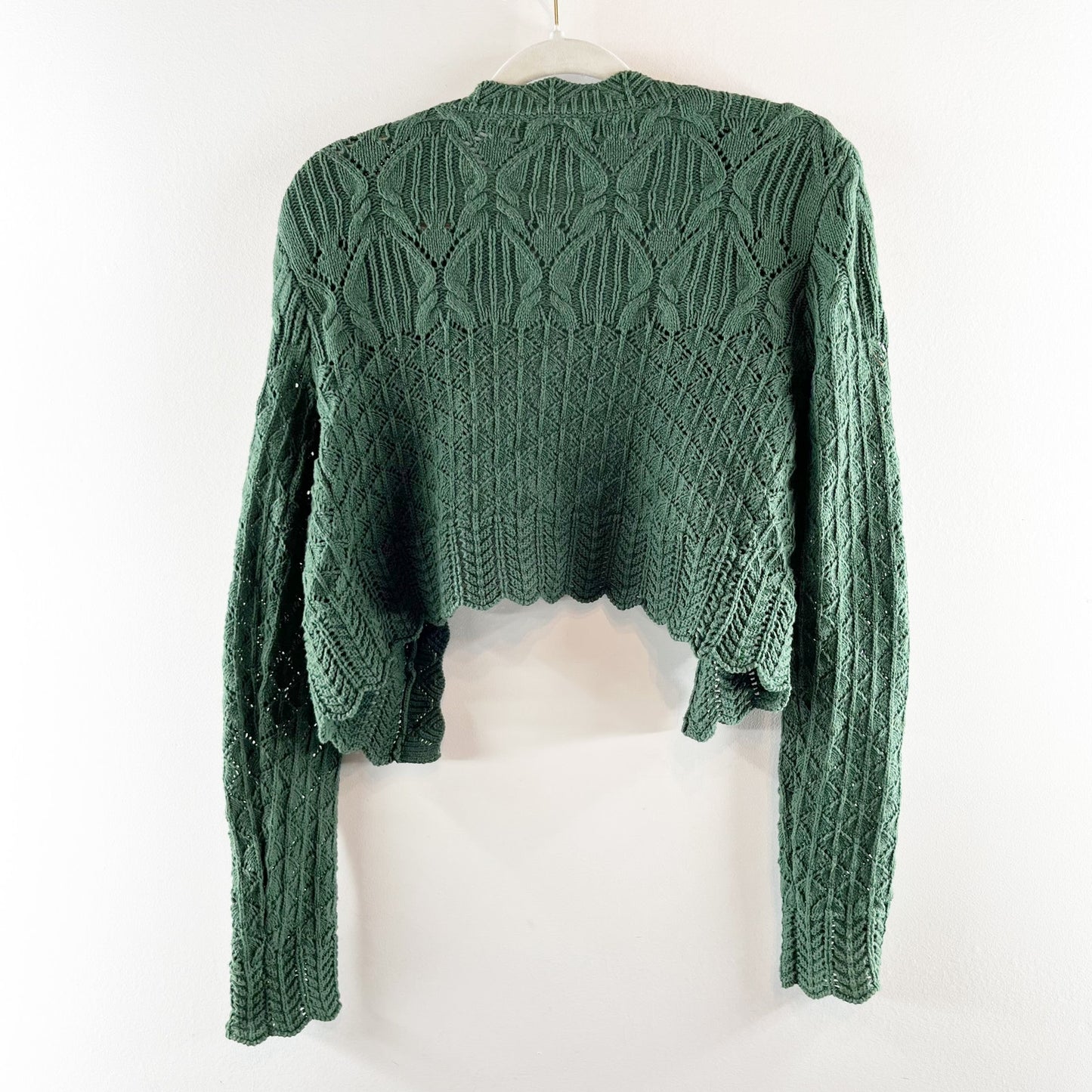 House of Harlow Long Sleeve Cropped Scalloped Cardigan Sweater Green Small