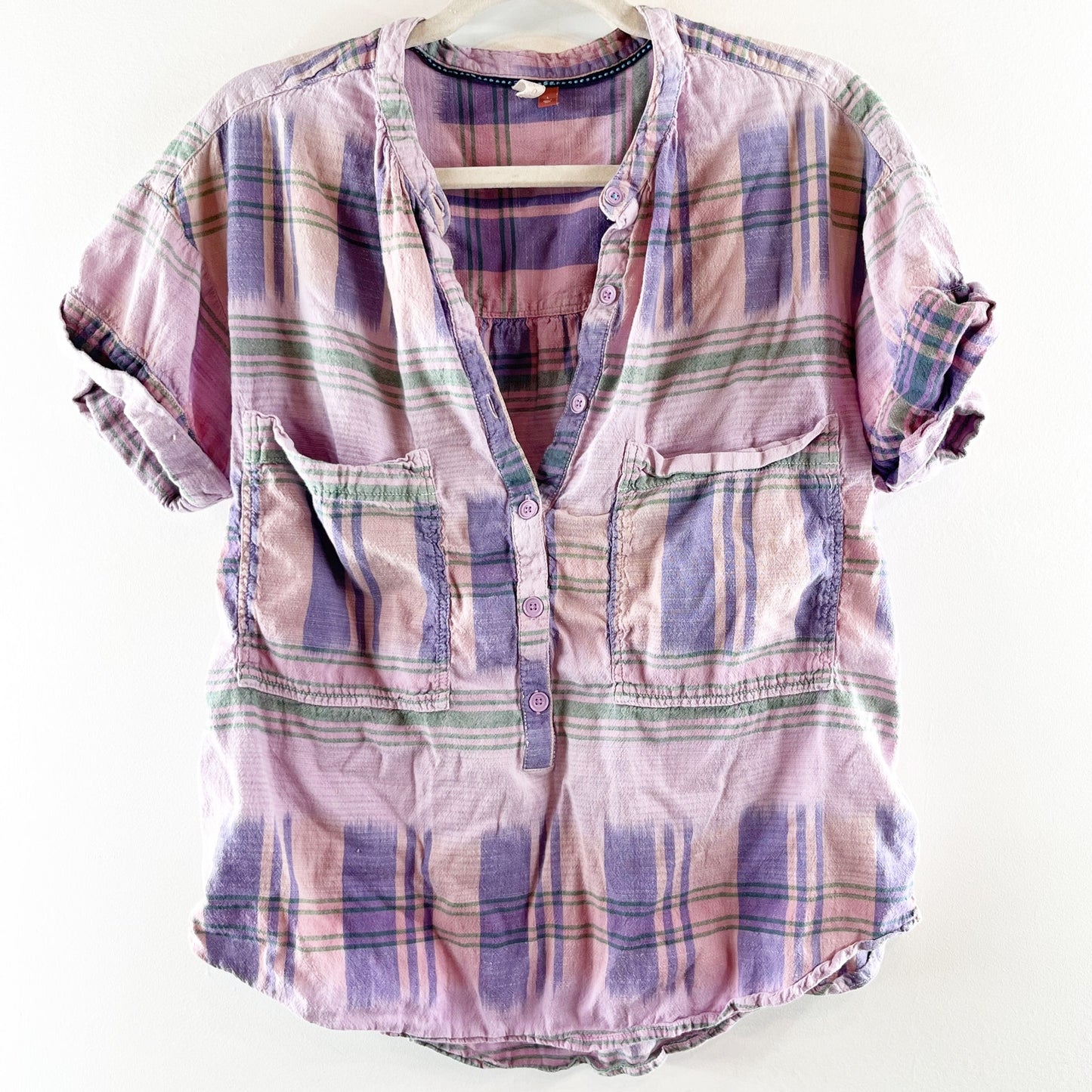 Pilcro Short Sleeve Hannah Plaid Surf Shirt Top Pink Large