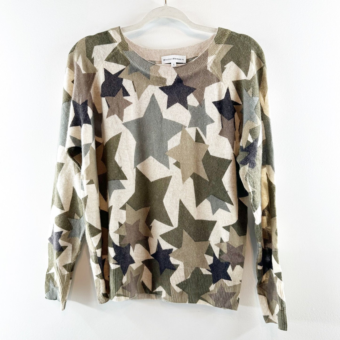 White & Warren Cashmere Star Print Long Sleeve Camo Crewneck Sweater Small Green