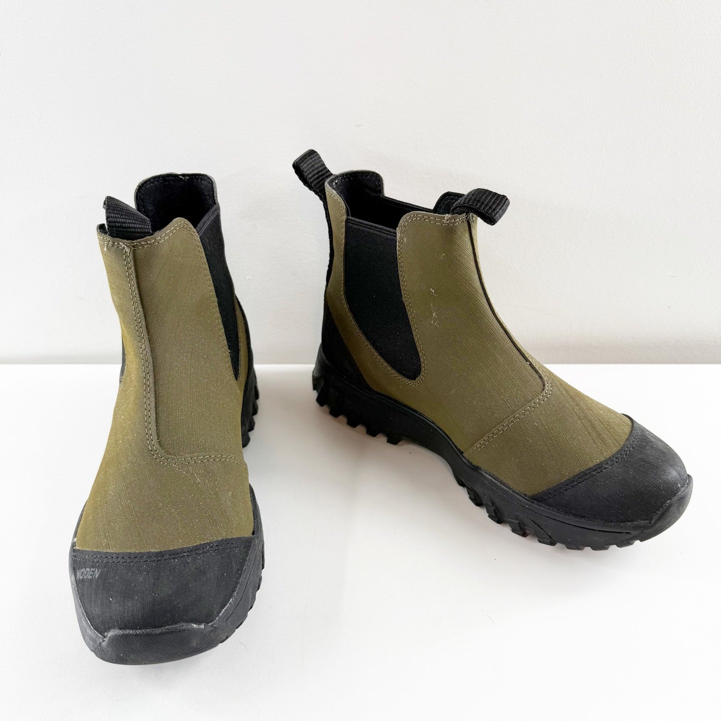 Woden Magda Track Waterproof Rubber Rain Boot in Dark Olive Green 5.5