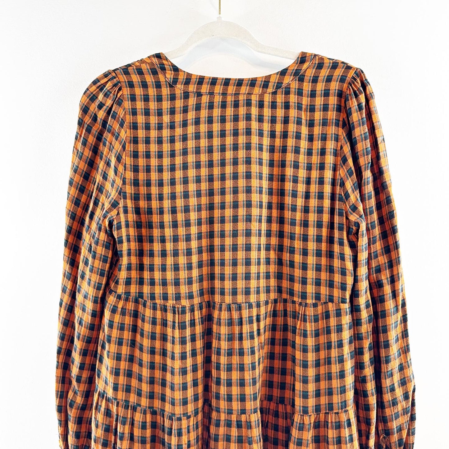 Maeve Anthropologie Long Sleeve Gingham Plaid Tunic Mini Dress Gold Black Small